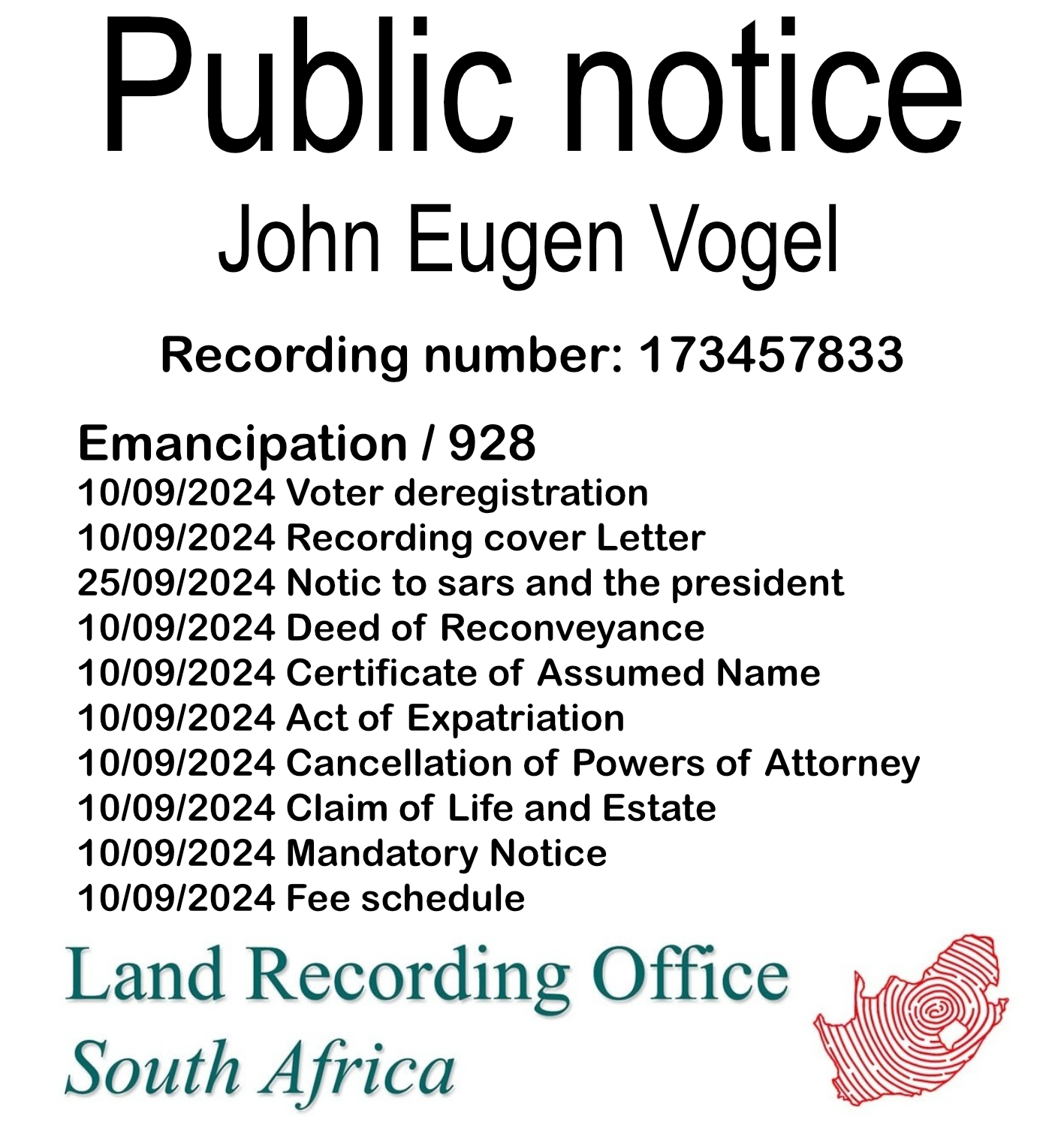 Public notice John Eugen Vogel Recording number 173457833